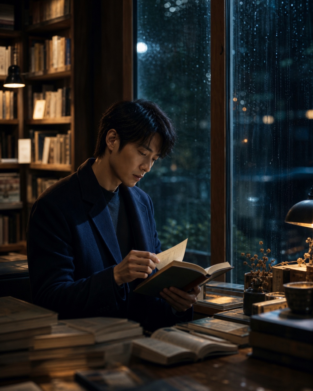 雨夜书店里发现旧书夹信的剧情画面