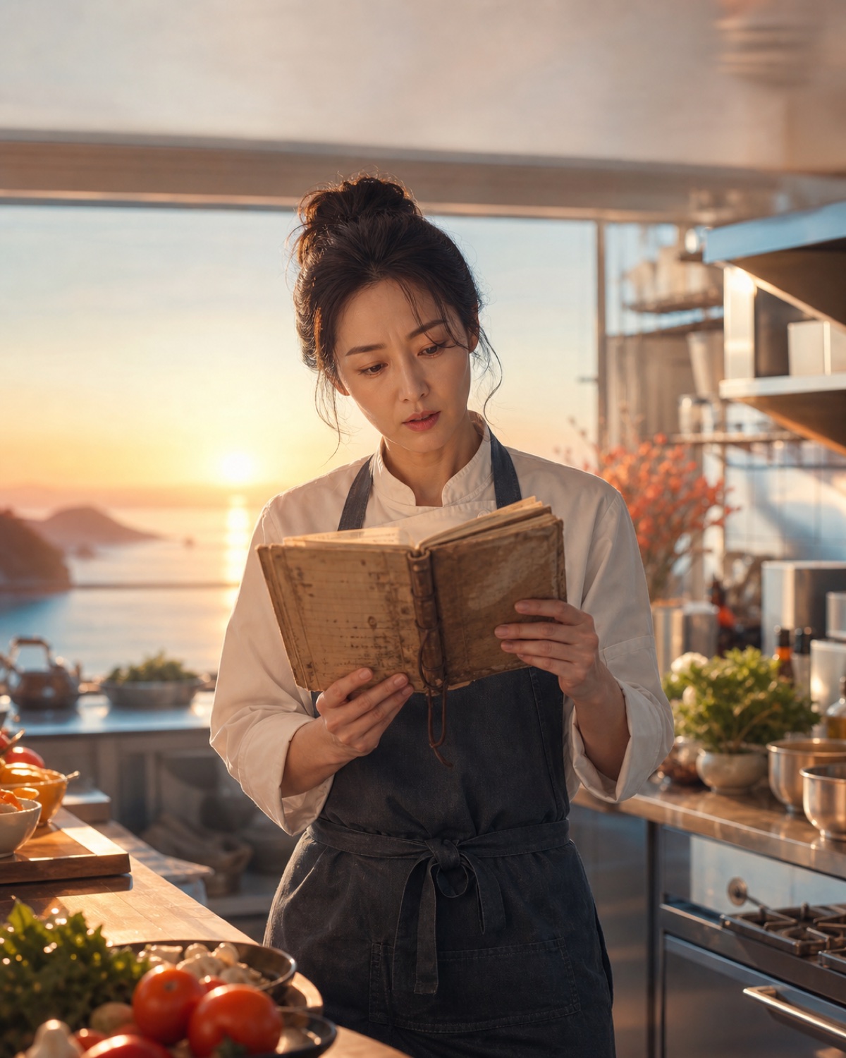 厨师在清晨厨房翻看旧食谱的剧情画面